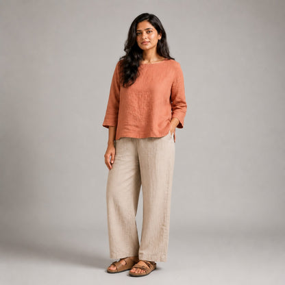 Linen Boat Neck Top for Women - Copper