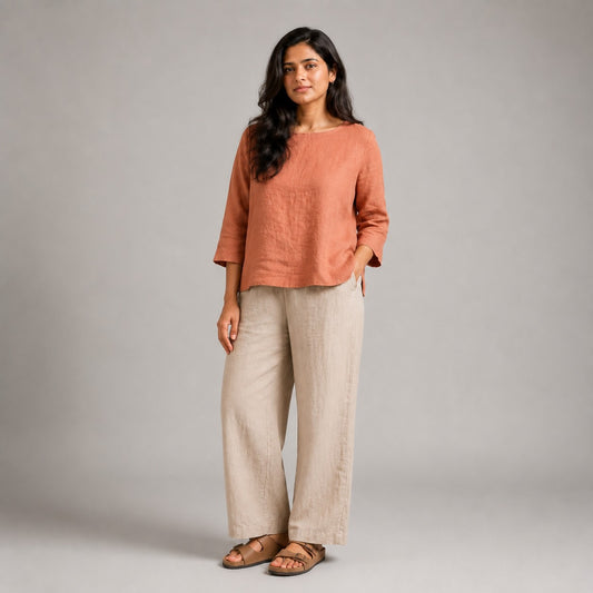 Linen Boat Neck Top for Women - Copper