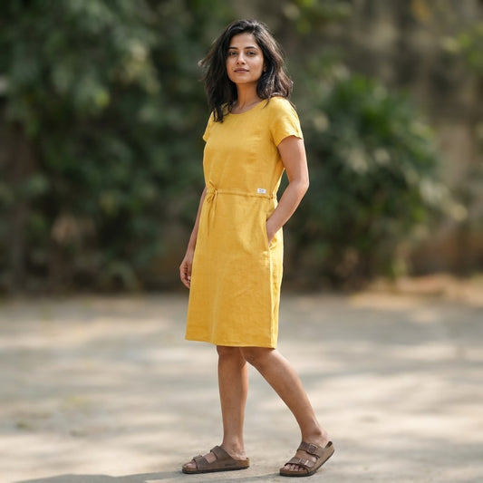 Summer dress - 100% Linen Non Transparent - Women - Mustard