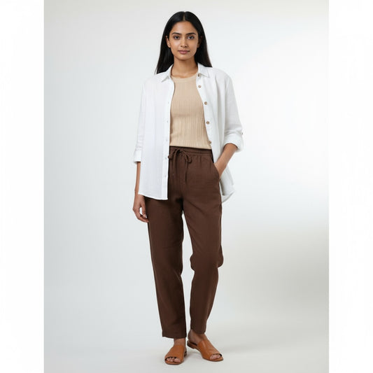Relaxed fit Pants- 100% Premium Linen - Women - Brown