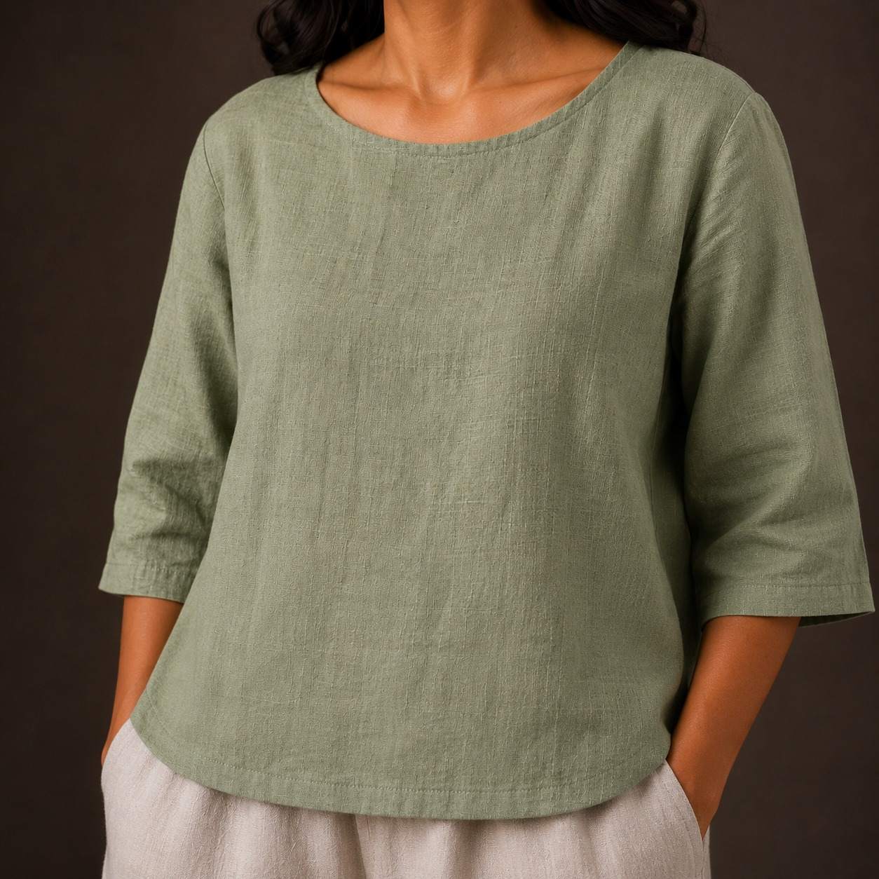 Linen Boat Neck Top for Women - Lime Green