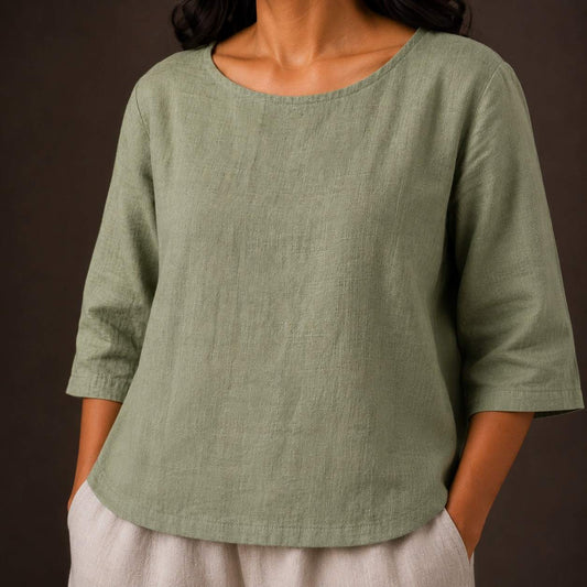 Linen Boat Neck Top for Women - Lime Green