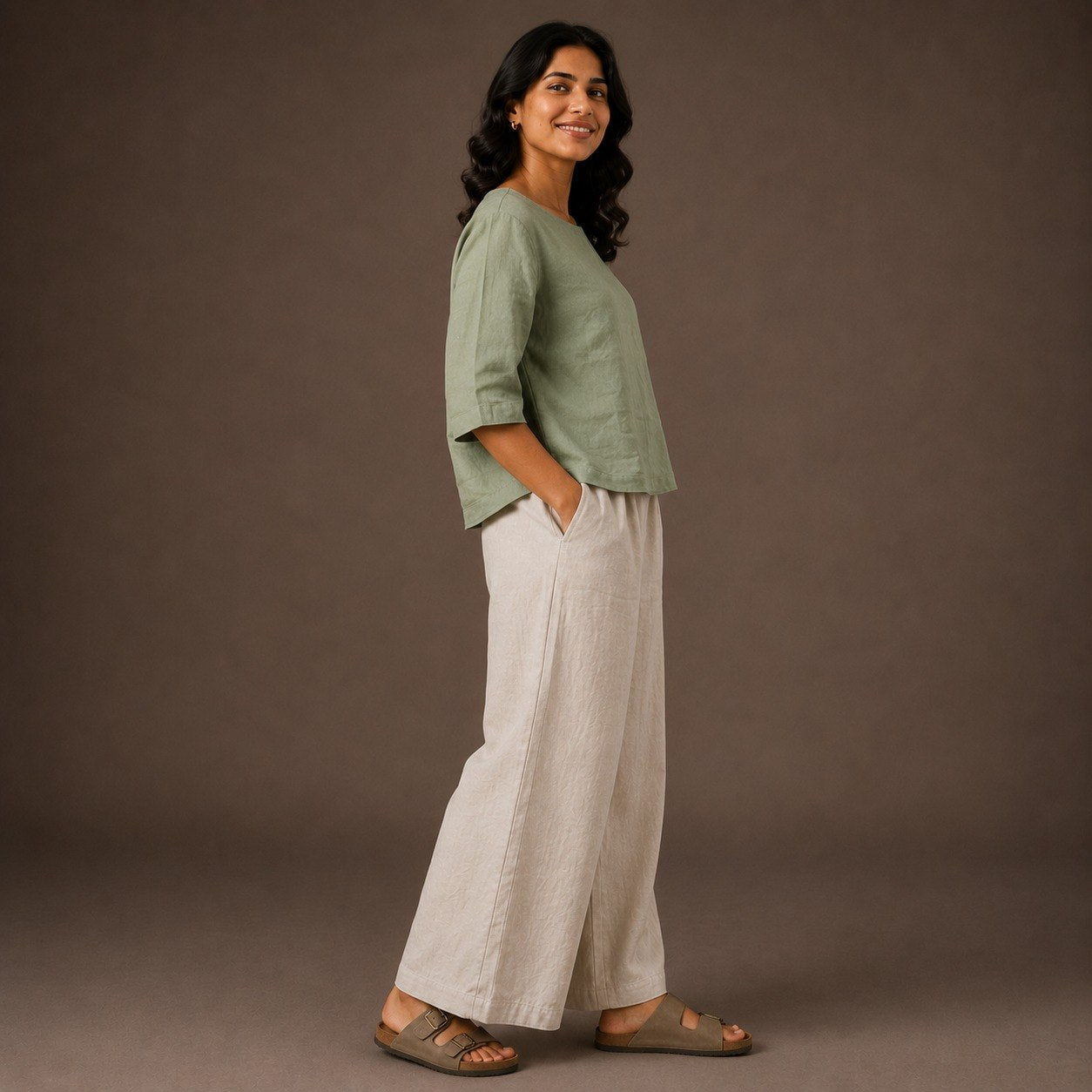 Linen Boat Neck Top for Women - Lime Green