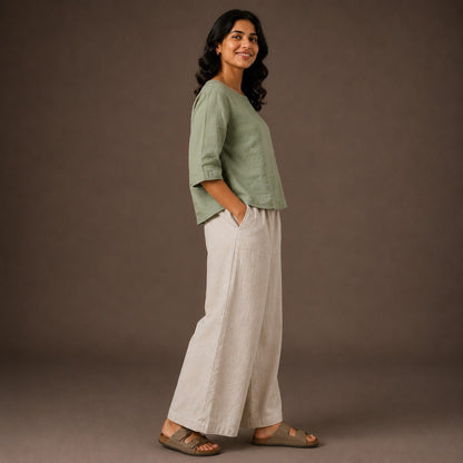 Linen Boat Neck Top for Women - Lime Green