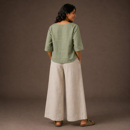 Linen Boat Neck Top for Women - Lime Green