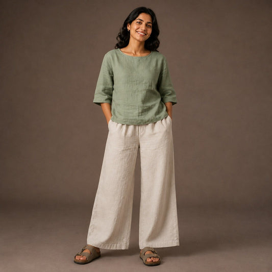 Linen Boat Neck Top for Women - Lime Green