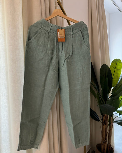 100% Premium Linen Carrot Pant (Sage&Brown)