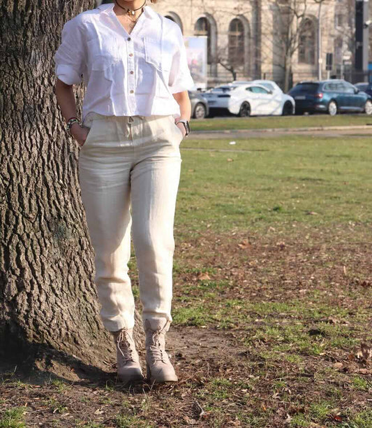 Linen Relaxed Co-ord Set for Women- White & Beige