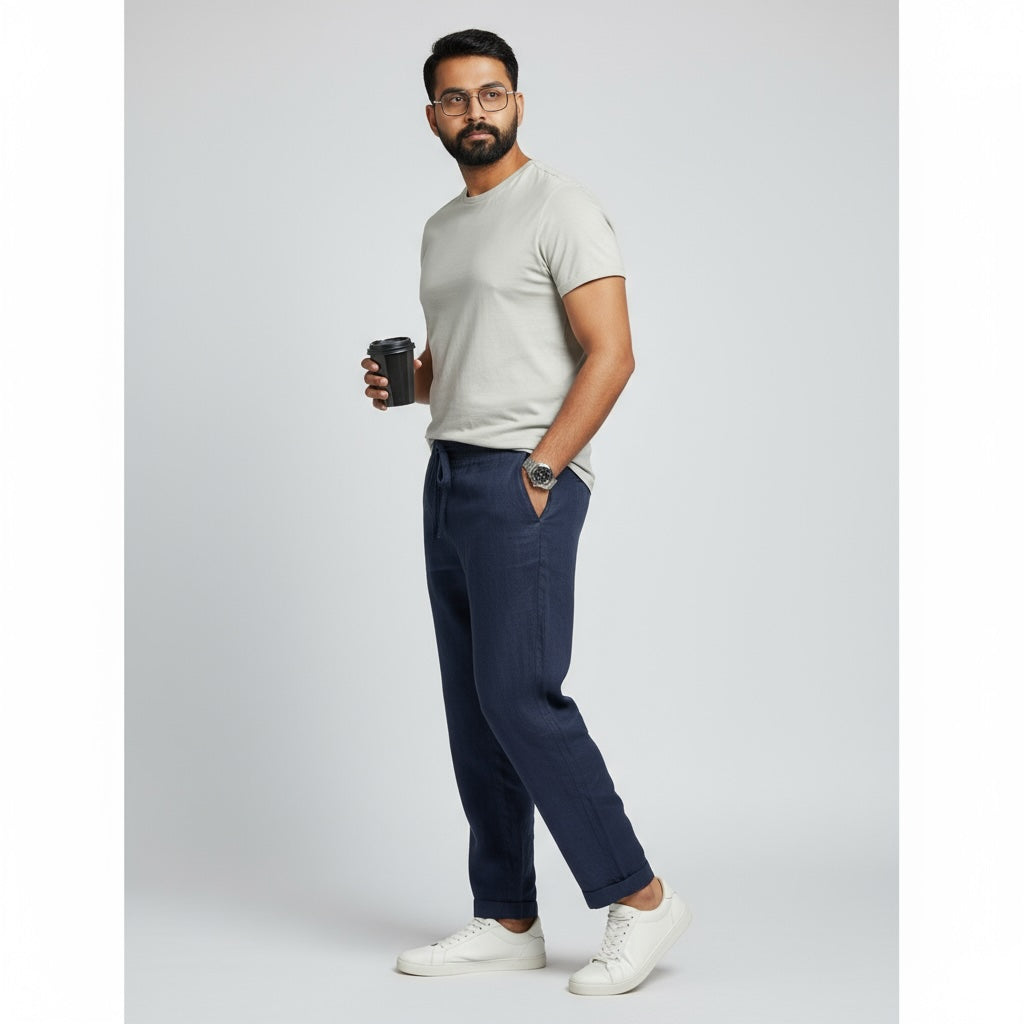Relaxed fit pants- 100% Premium Linen - Men - Navy
