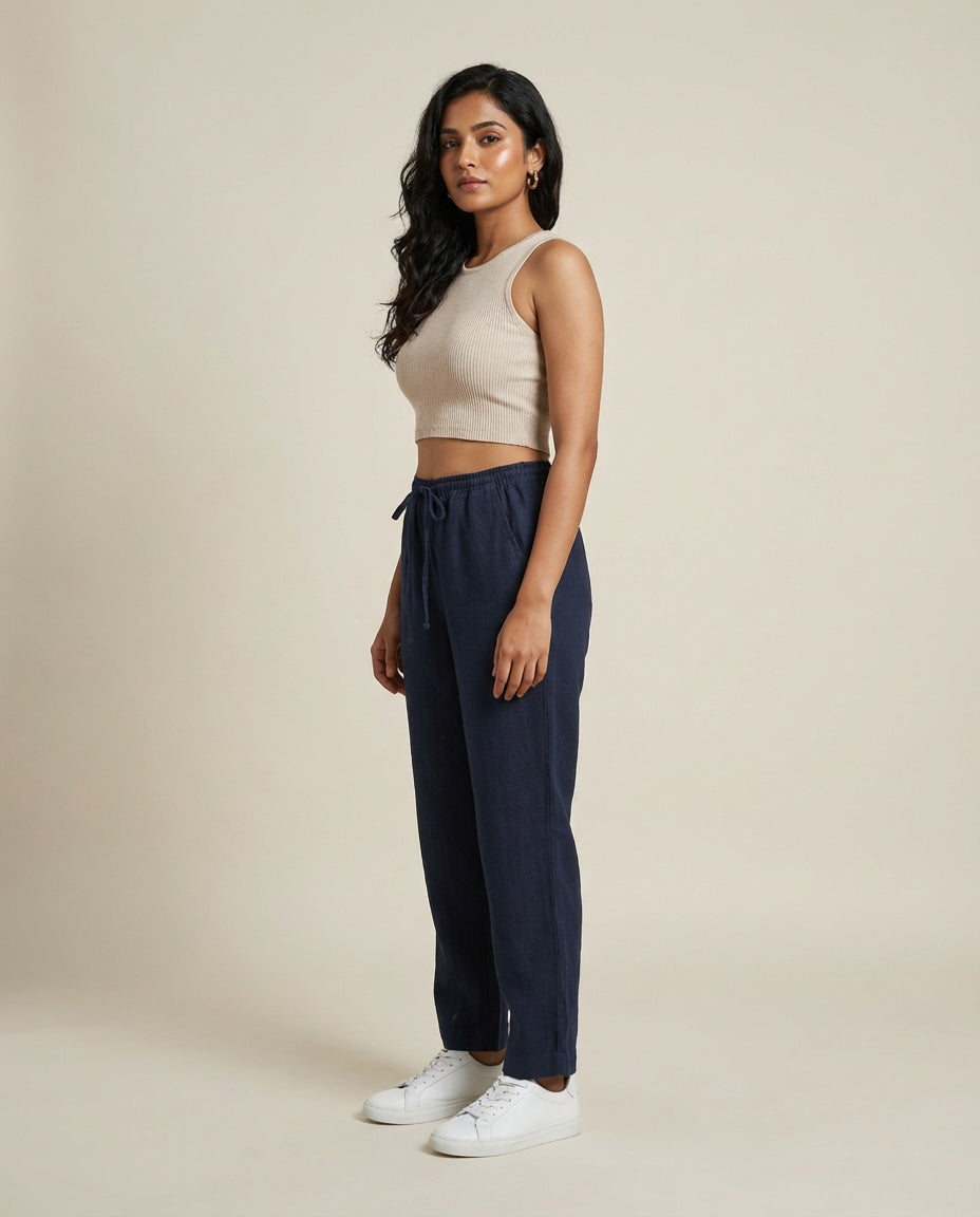 Relaxed fit Pants- 100% Premium Linen - Women - Navy