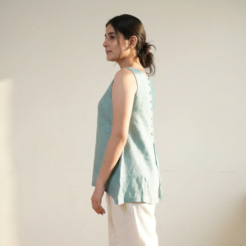 Linen Asymmetrical Top for Women- Muted Sage