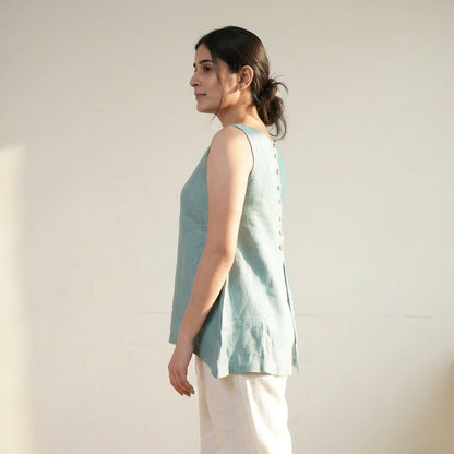 Linen Asymmetrical Top for Women- Muted Sage