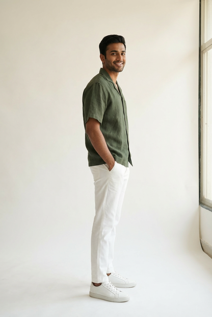 Resort Collar Short Sleeve Shirt - 100% Premium Linen - Men - Olive