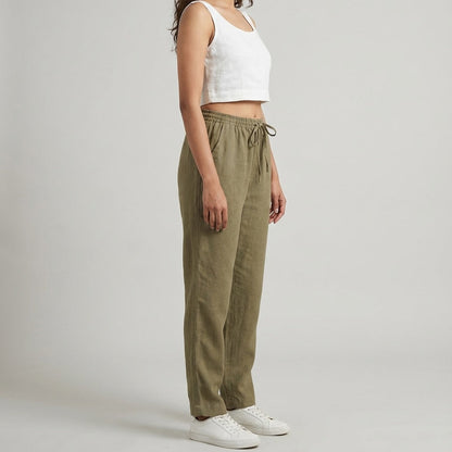 The Everyday Linen Pant – Relaxed Fit- Olive - Women