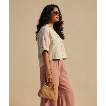Oversize Boxy Crop Shirt - Women- 100% Premium Linen - Beige