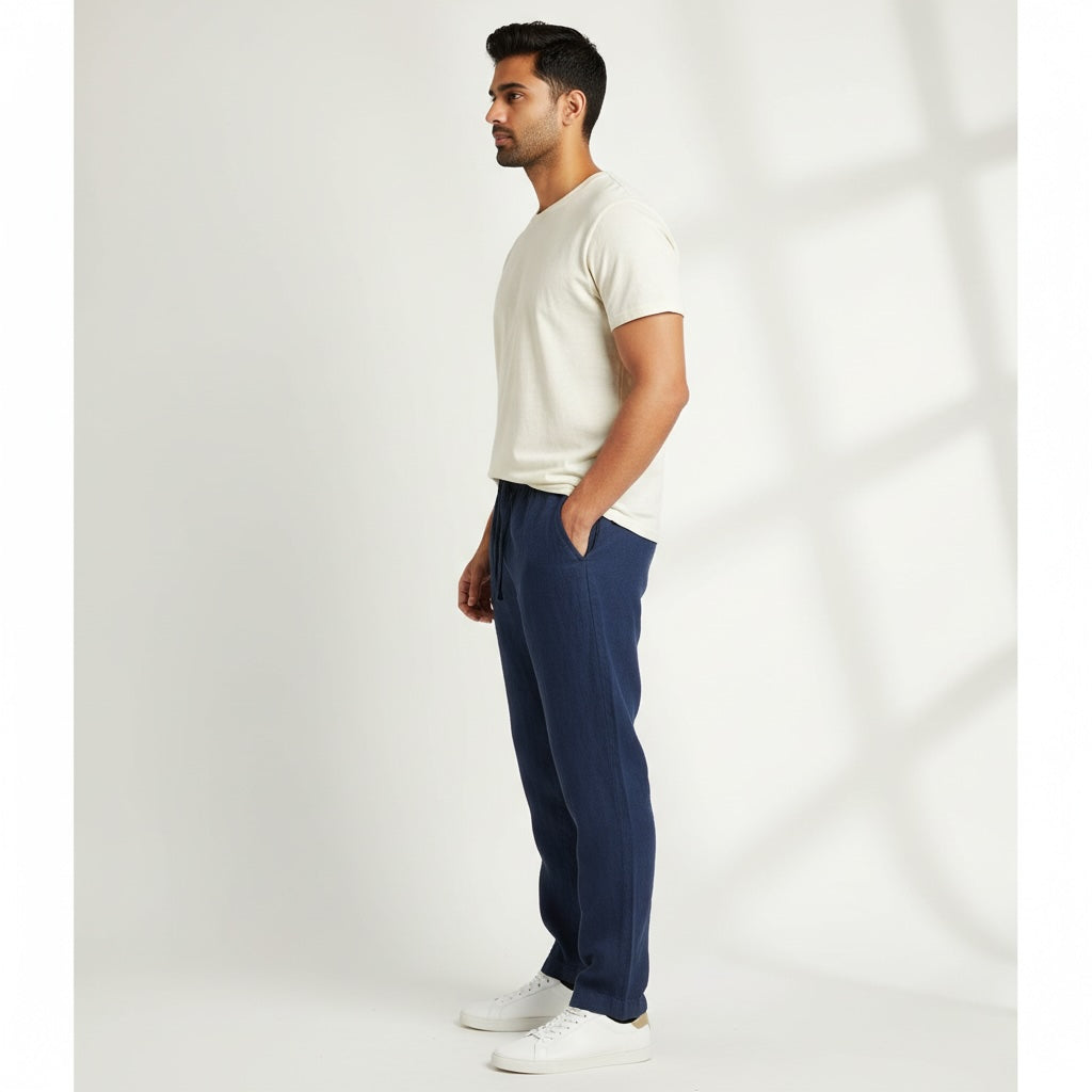 Relaxed fit pants- 100% Premium Linen - Men - Navy