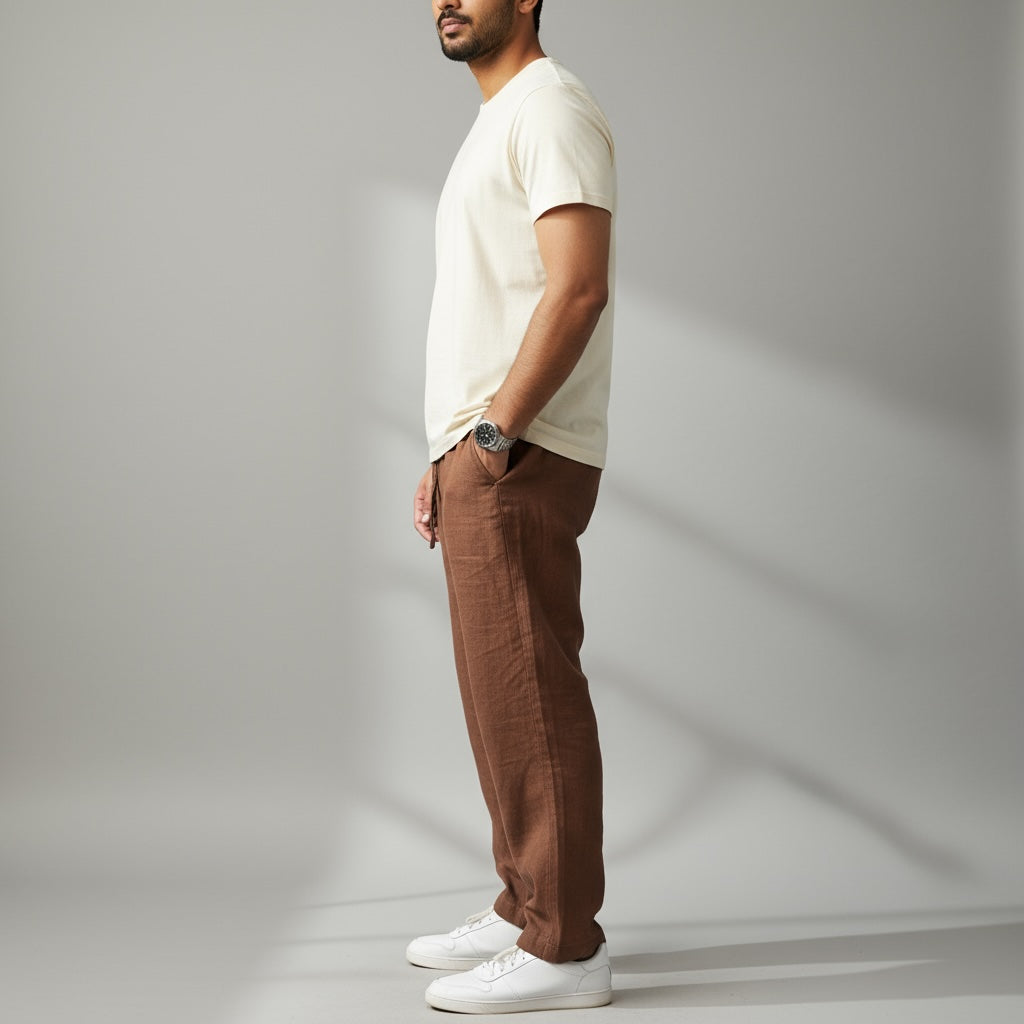 Relaxed fit pants- 100% Premium Linen - Men - Brown