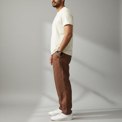 Relaxed fit pants- 100% Premium Linen - Men - Brown