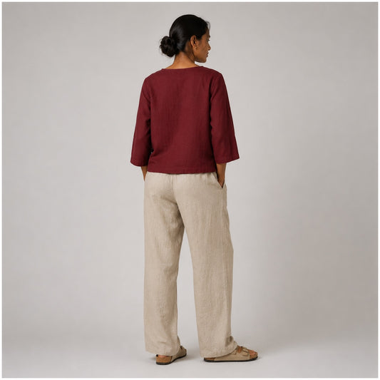 Linen Boat Neck Top - Women - Maroon