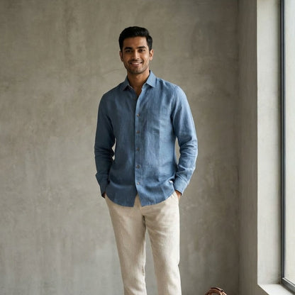 Linen Regular Collar Shirt for Men- Dusty Blue