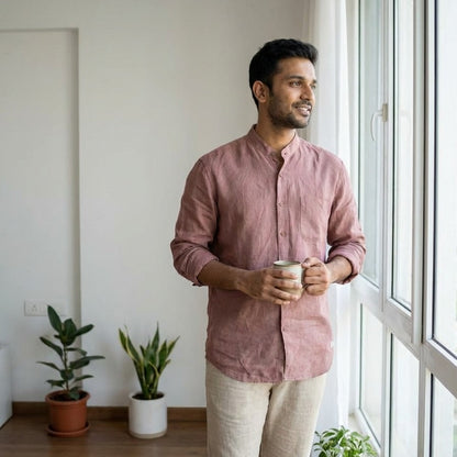 Linen Chinese Collar Shirt for Men- Copper