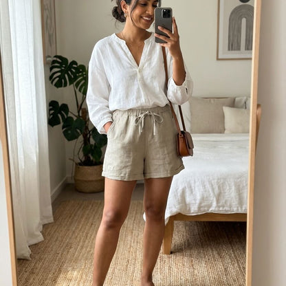 Linen Shorts for Women- Beige