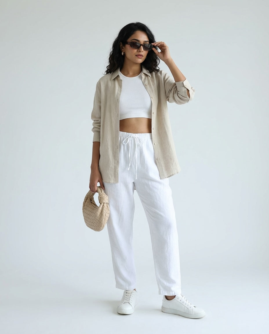 Relaxed fit Pants- 100% Premium Linen - Women - White