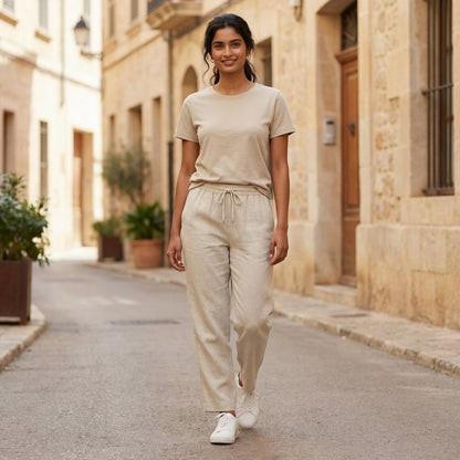 100% Pure Linen Relaxed Fit Pants for Women - Beige