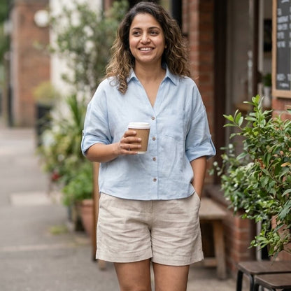 Oversized Boxy Crop Linen Shirt for Women- Sky Blue