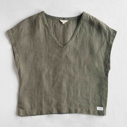 Linen Boxy Crop Top for Women- Olive