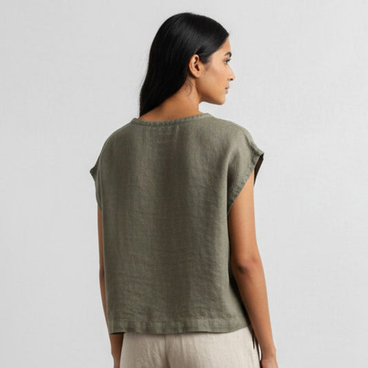 Linen Boxy Crop Top for Women- Olive