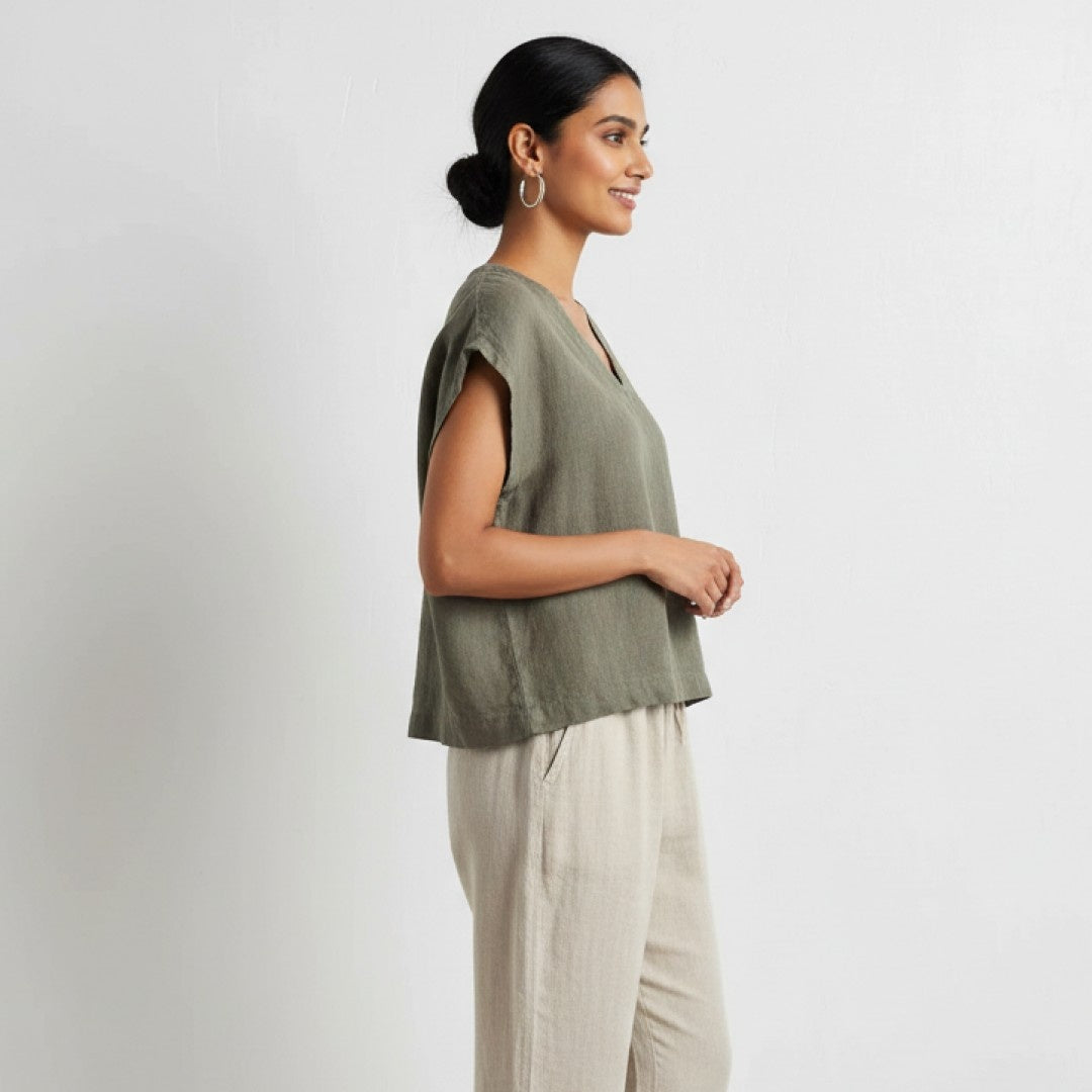 Linen Boxy Crop Top for Women- Olive