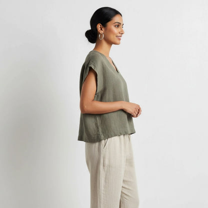 Linen Boxy Crop Top for Women- Olive