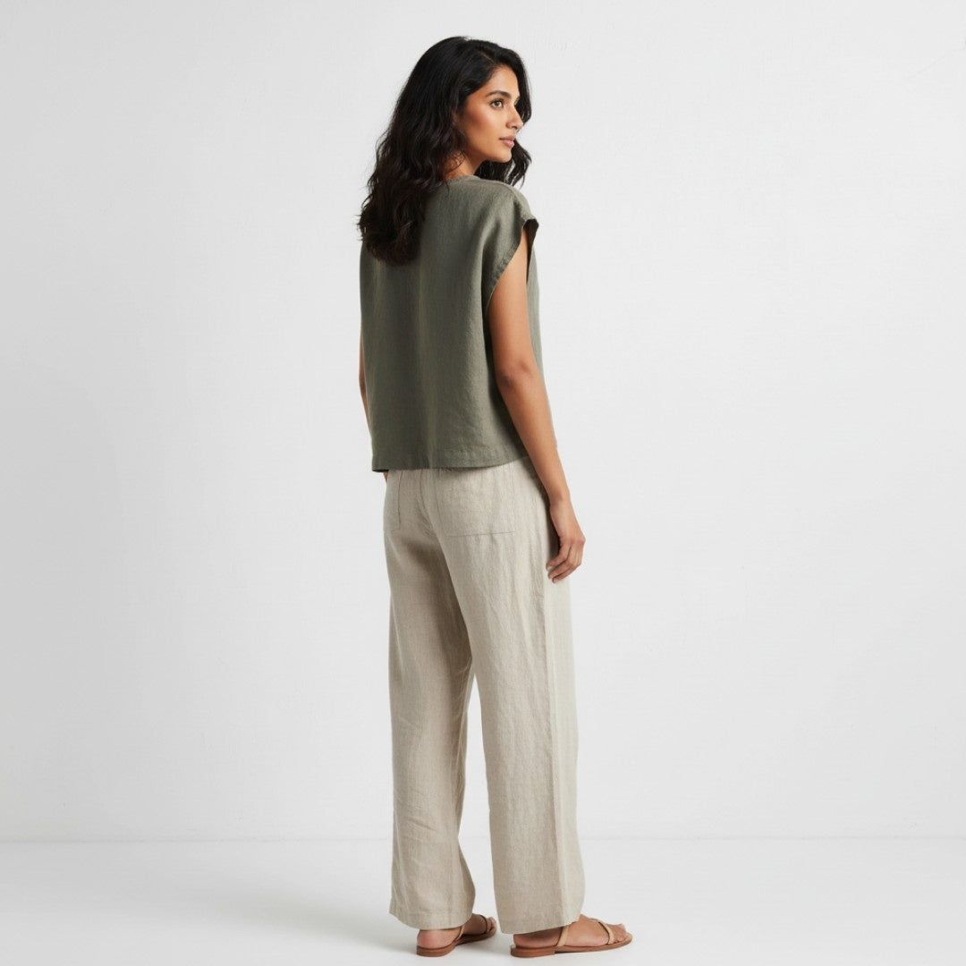 Linen Boxy Crop Top for Women- Olive