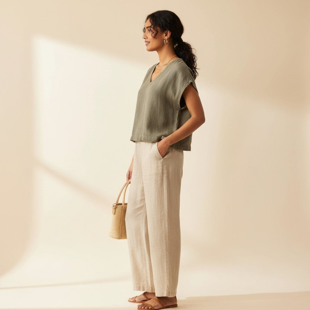Linen Boxy Crop Top for Women- Olive