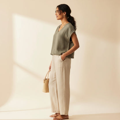 Linen Boxy Crop Top for Women- Olive