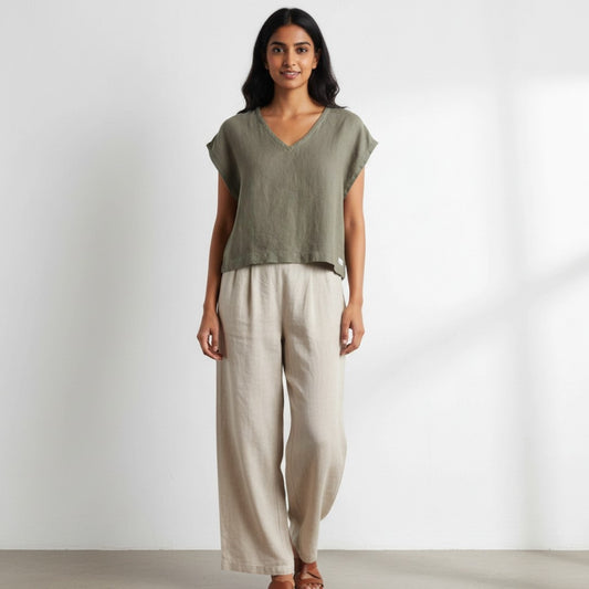Linen Boxy Crop Top for Women- Olive