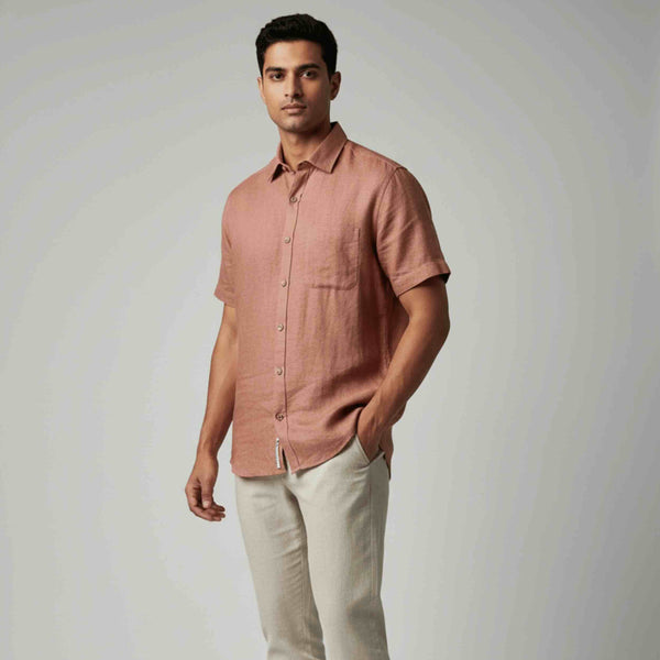 Linen Half-Sleeve Regular Collar Shirt for Men- Copper