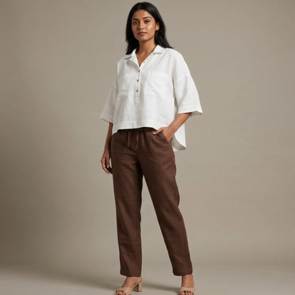 Linen Relaxed Fit Pants for Women- Brown