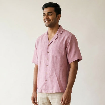 Linen Resort Collar Short Sleeve Shirt for Men- Rose