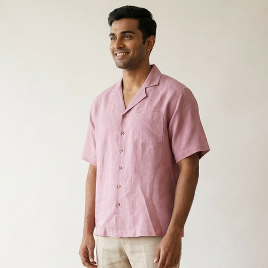 Linen Resort Collar Short Sleeve Shirt for Men- Rose