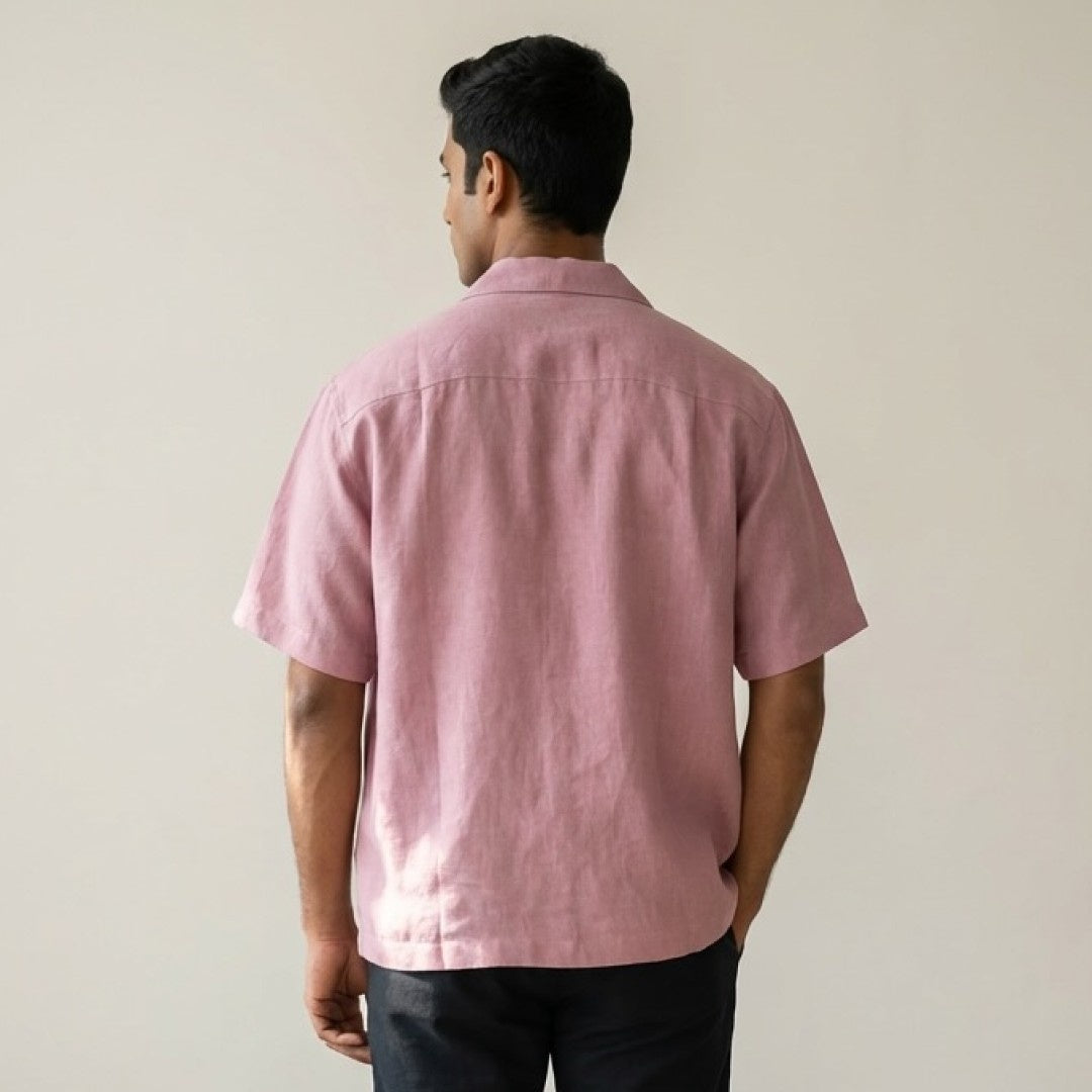 Linen Resort Collar Short Sleeve Shirt for Men- Rose