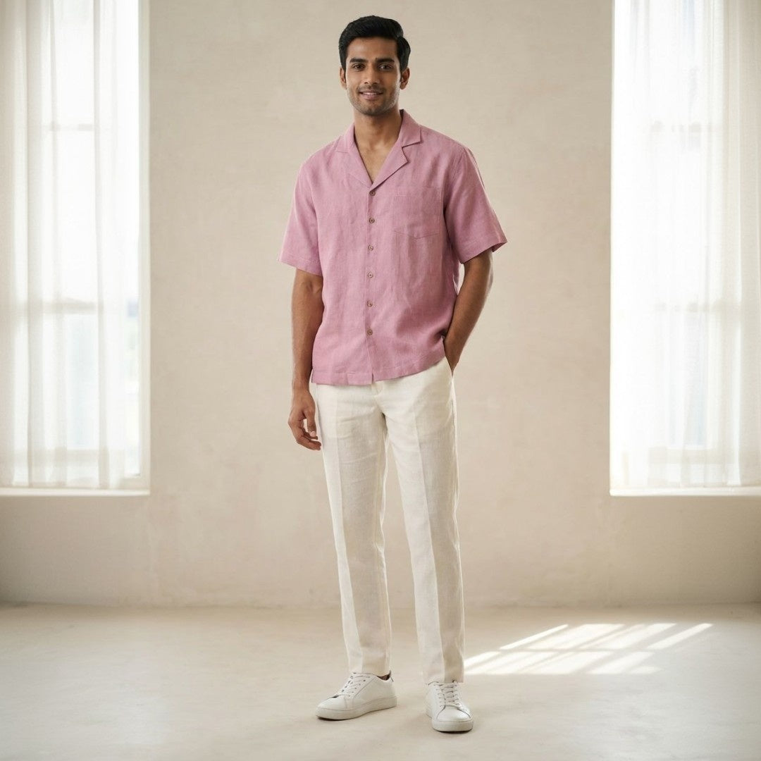 Linen Resort Collar Short Sleeve Shirt for Men- Rose