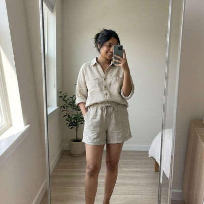 100% Pure Linen Shorts Co-ord Set for Women - Beige