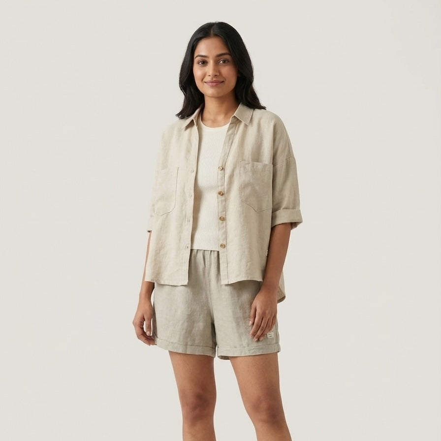 Linen Shorts Co-ord Set for Women-Beige
