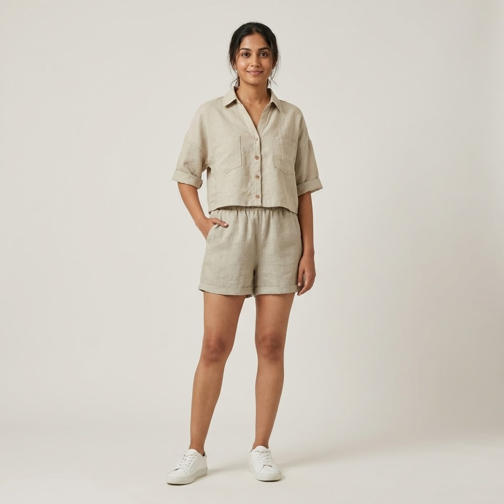 Linen Shorts Co-ord Set for Women-Beige