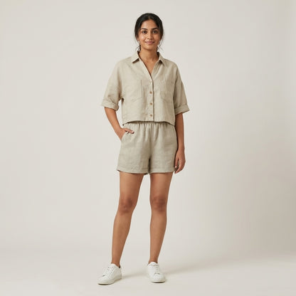 100% Pure Linen Shorts Co-ord Set for Women - Beige