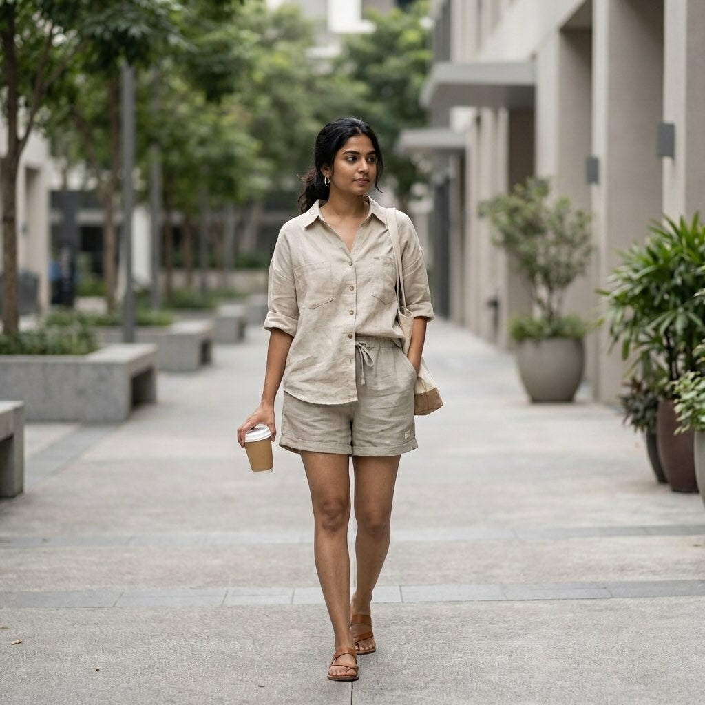 Linen Shorts Co-ord Set for Women-Beige