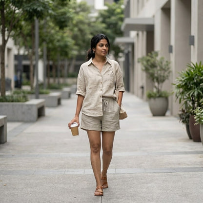 100% Pure Linen Shorts Co-ord Set for Women - Beige