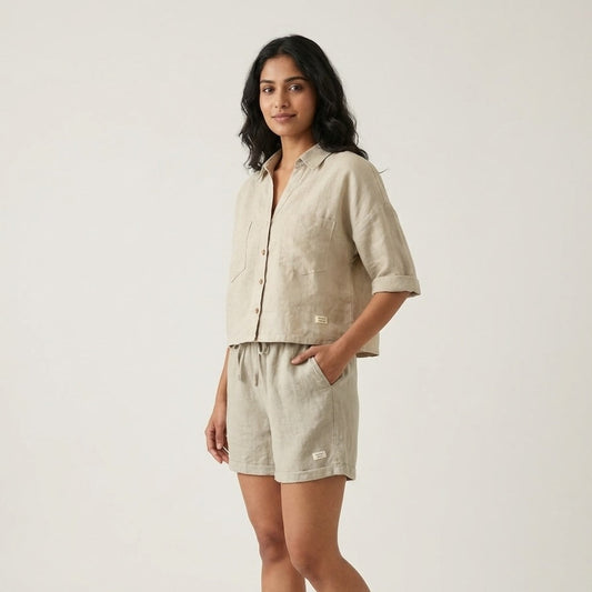 Linen Shorts Co-ord Set for Women-Beige